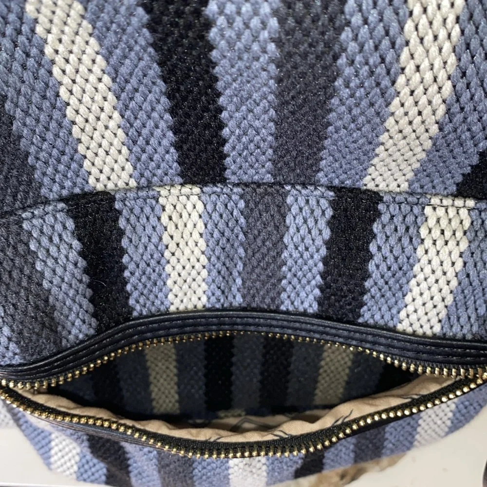 MODA Luxe Trent Backpack Blue Striped Patterned Fabric Faux Leather Travel Bag